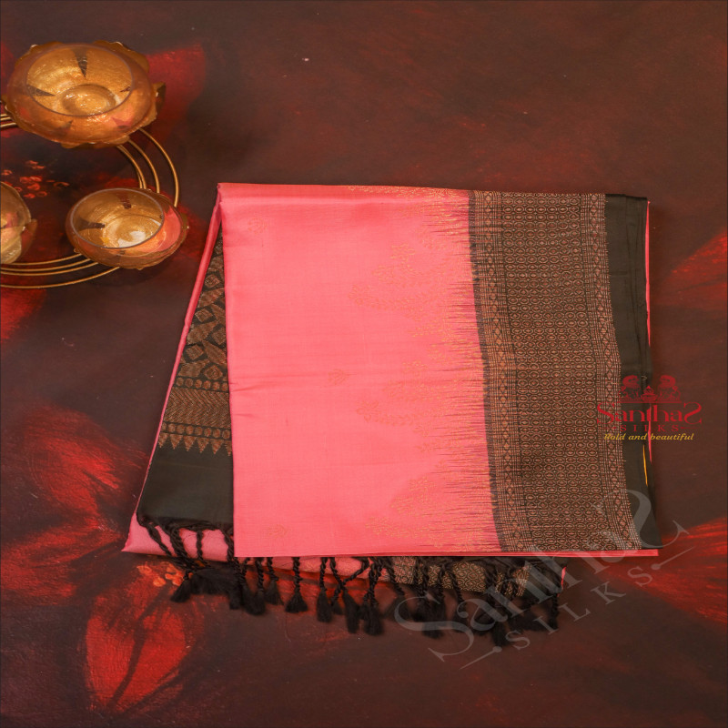 PASTEL ROSE COLOUR BODY WITH ROSEGOLD ZARI BUTTA AND CONTRAST COLOUR PALLU & BLOUSE