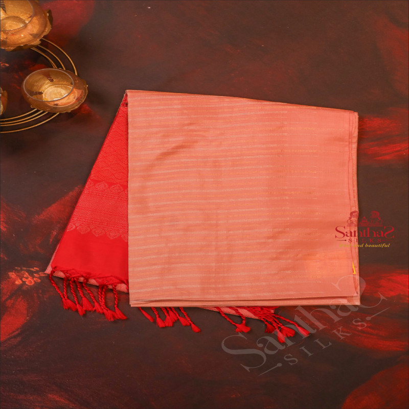 SALMON PINK COLOUR BODY WITH COPPER & SILVER ZARI STRIP LINES AND CONTRAST COLOUR PALLU & BLOUSE