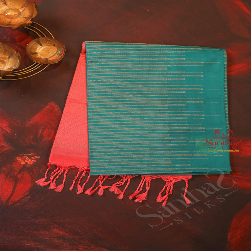 PINE GREEN COLOUR BODY WITH GOLDEN & SILVER ZARI STRIP LINES ANDCONTRAST COLOUR PALLU & BLOUSE