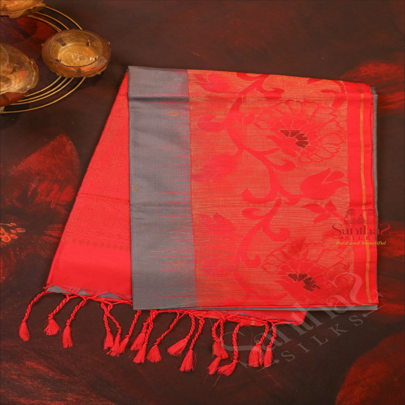 GREY COLOUR BODY WITH GOLDEN ZARI BUTTA AND CONTRAST COLOUR PALLU & BLOUSE