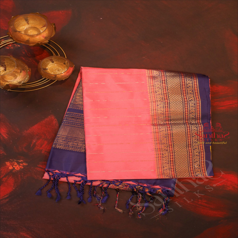 ONION PINK COLOUR BODY WITH GOLDEN & SILVER ZARI STRIPS AND CONTRAST COLOUR PALLU & BLOUSE