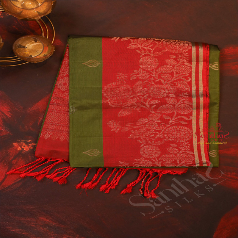 DARK OLIVE GREEN COLOUR BODY WITH GOLDEN ZARI BUTTA WITH CONTRAST BLOUSE & BORDER