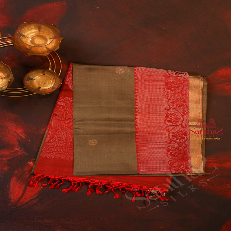 MOSS GREEN COLOUR BODY WITH GOLDEN ZARI BUTTA AND CONTRAST COLOUR PALLU & BLOUSE