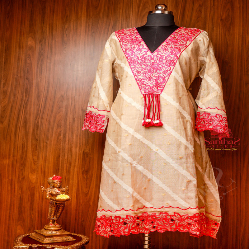 SANDAL COLOUR SEMI STITCHED CHANDERI SALWAR WITH PANT & DUPATTA