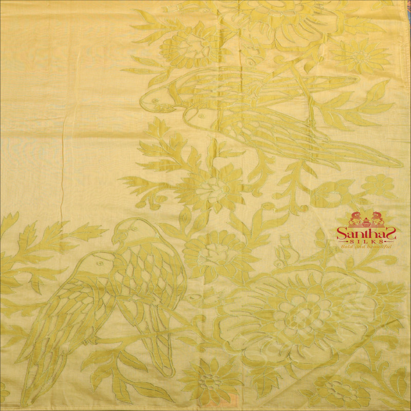 COTTON SAREE WITH APPLICK WORK IN GREEN APPLE COLOUR