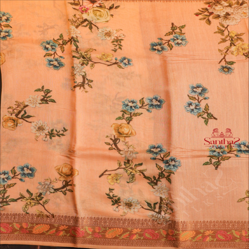 BANARAS COTTON SAREE IN PEACH COLOUR WITH FLORAL PRINTED