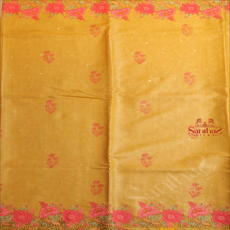  TUSSAR SAREE CUT WORK FLORAL BORDER IN OLIVE GREEN COLOUR WITH SELF BLOUSE