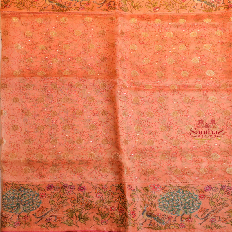  ORGANZA SAREE WITH DIGITAL PRINT IN LIGHT PEACH COLOUR AND HANDWORK