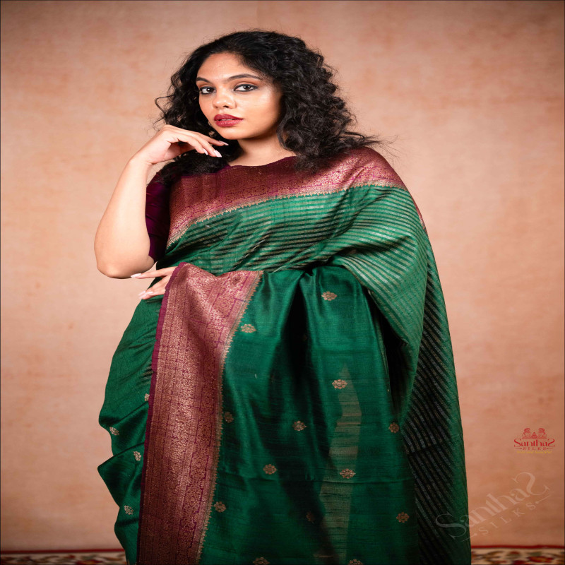 DARK GREEN COLOUR RAW SILK SAREE BODY WITH BITTAS & STRIPS AND CONTRAST PALLU & BLOUSE
