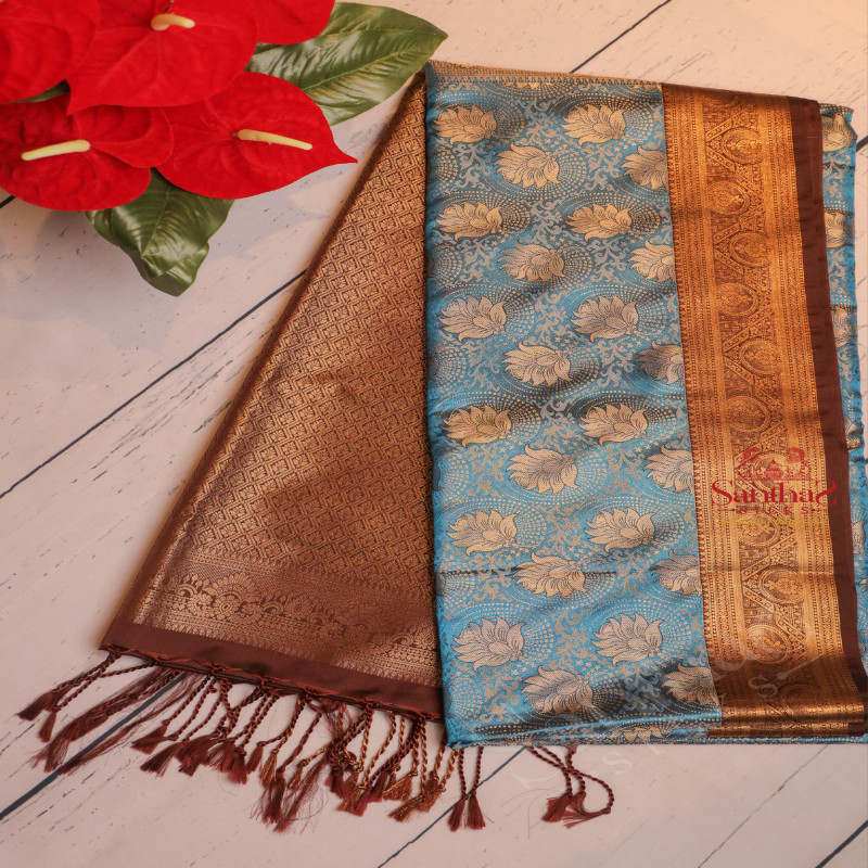 ROYAL BLUE COLOUR BODY WITH JACQUARD EMBOSED FLORAL BUTTA WITH CONTRAST BLOUSE & BORDER