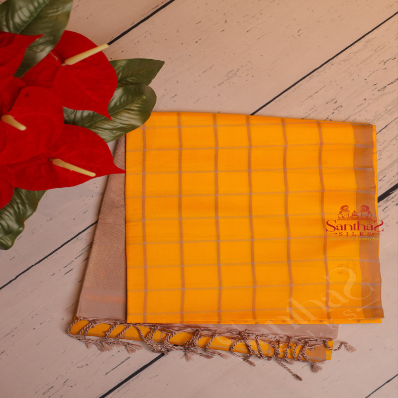 YELLOW COLOUR CHECKED BODY WITH CONTRAST BLOUSE & BORDER