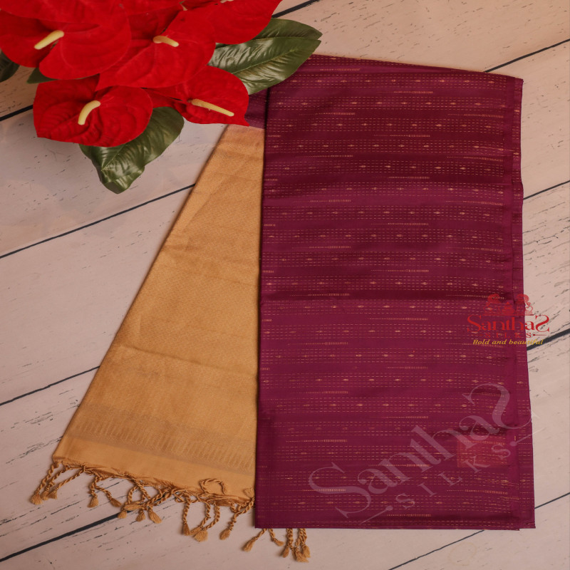 PURPLE COLOUR BODY WITH GOLDEN ZARI STRIPS WITH CONTRAST BLOUSE & BORDER