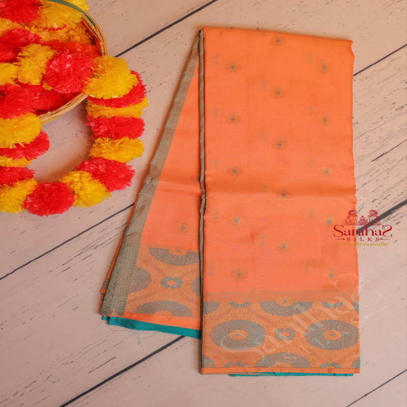 CREAMY PEACH COLOUR BODY WITH GOLDEN ZARI COIN BUTTA WITH CONTRAST BLOUSE & BORDER