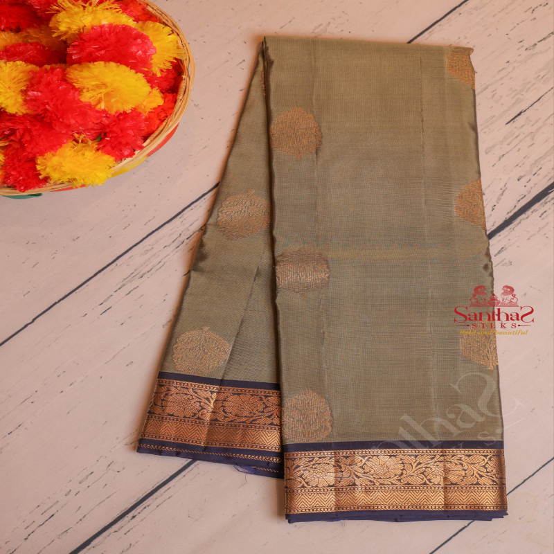 GREY COLOUR BODY WITH GOLDEN ZARI LEAF BUTTA WITH CONTRAST BLOUSE & BORDER