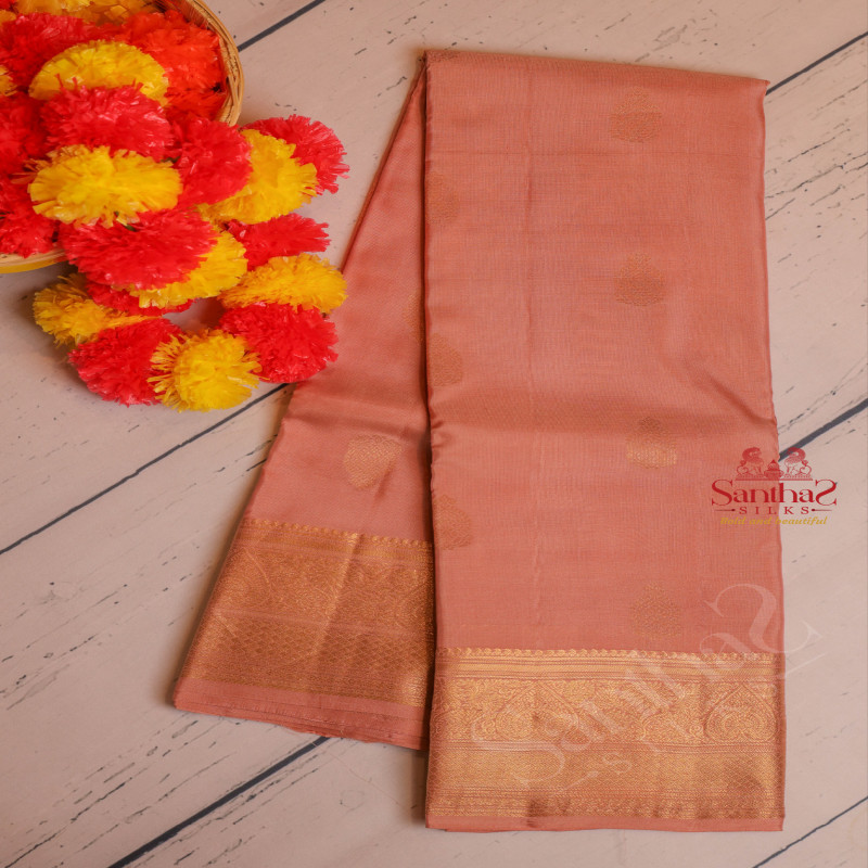 PASTEL PEACH COLOUR BODY WITH GOLDEN ZARI BUTTA WITH SELF BLOUSE