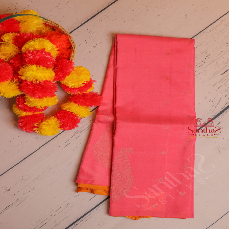 BORDERLESS PINK COLOUR BODY WITH GOLDEN ZARI BUTTA WITH CONTRAST BLOUSE