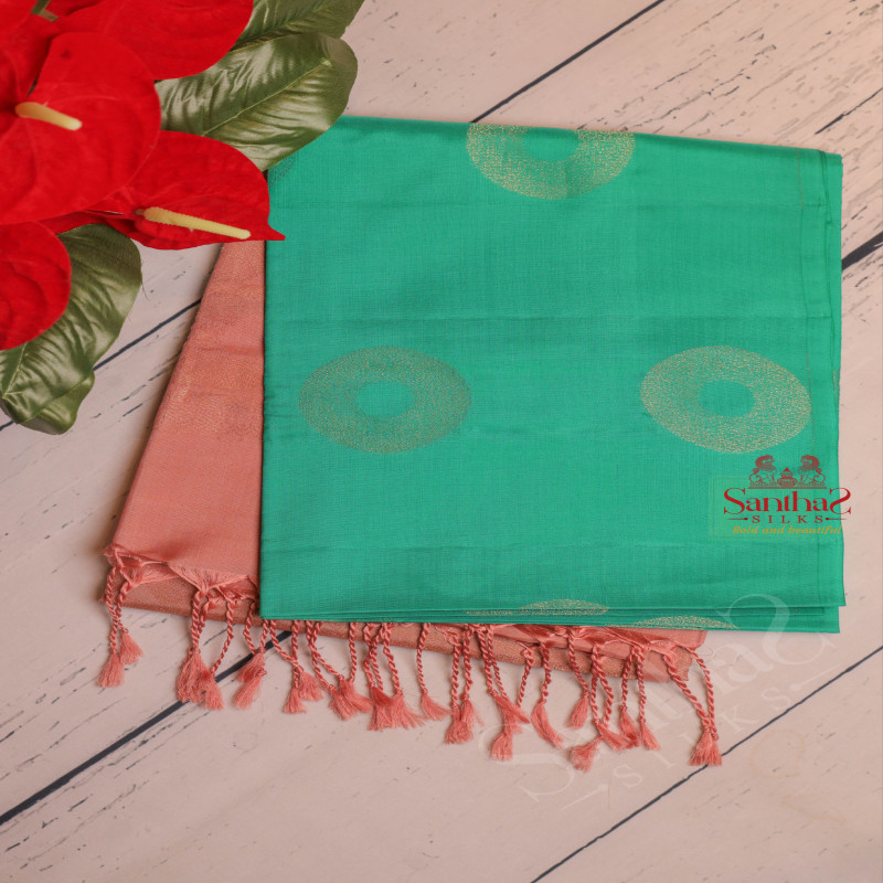 GREEN COLOUR BODY WITH GOLDEN FLORAL ZARI BUTTA WITH CONTRAST BLOUSE & BORDER