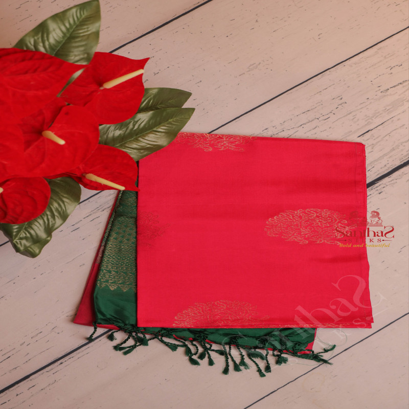 DARK PINK COLOUR BODY WITH GOLDEN ZARI BUTTA WITH CONTRAST BLOUSE & BORDER