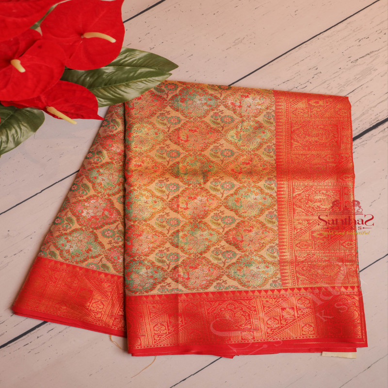 GOLDEN COLOUR BODY WITH JACQUARD EMBOSED FLORAL ZARI WITH CONTRAST BLOUSE & BORDER