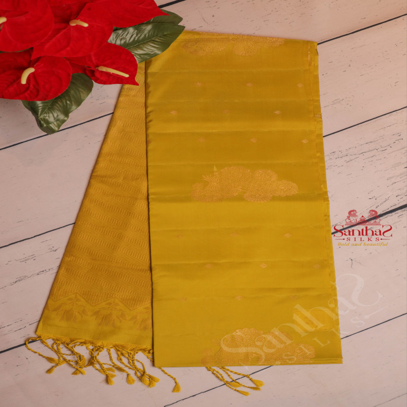 PEAR GREEN COLOUR BODY WITH GOLDEN ZARI BUTTA WITH SELF BLOUSE