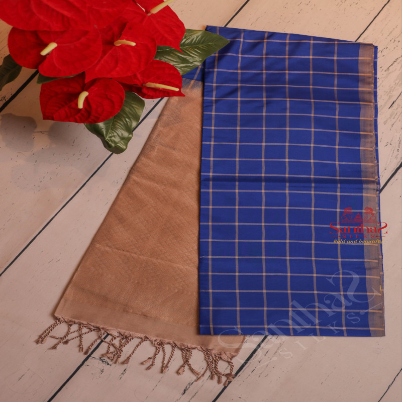 COBALT BLUE COLOUR CHECKED BODY WITH CONTRAST BLOUSE & BORDER