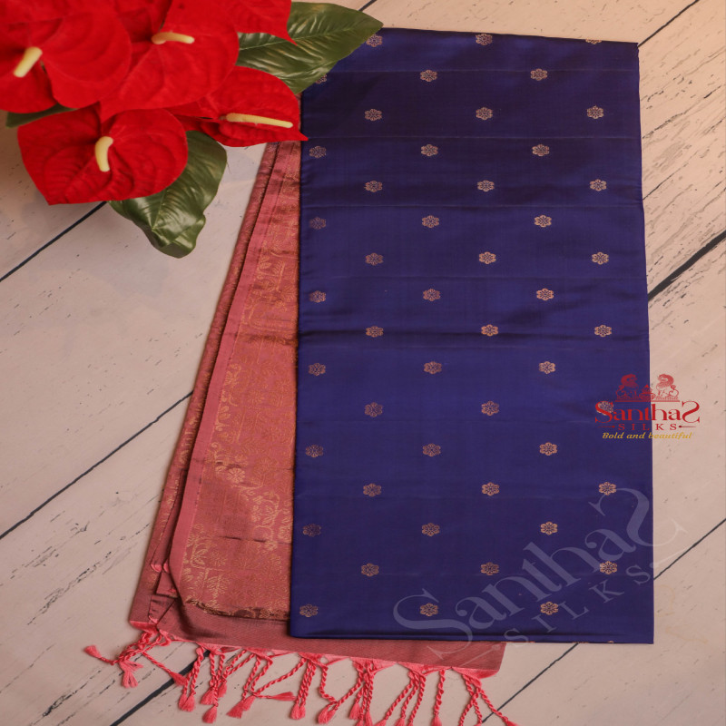 NAVY BLUE COLOUR BODY WITH GOLDEN ZARI BUTTA WITH CONTRAST BLOUSE & BORDER