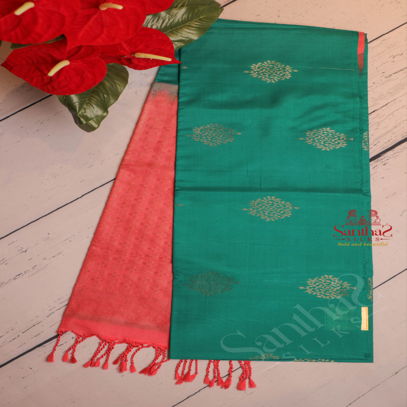 PERSIAN GREEN COLOUR BODY WITH GOLDEN ZARI LEAF BUTTA WITH CONTRAST BLOUSE & BORDER