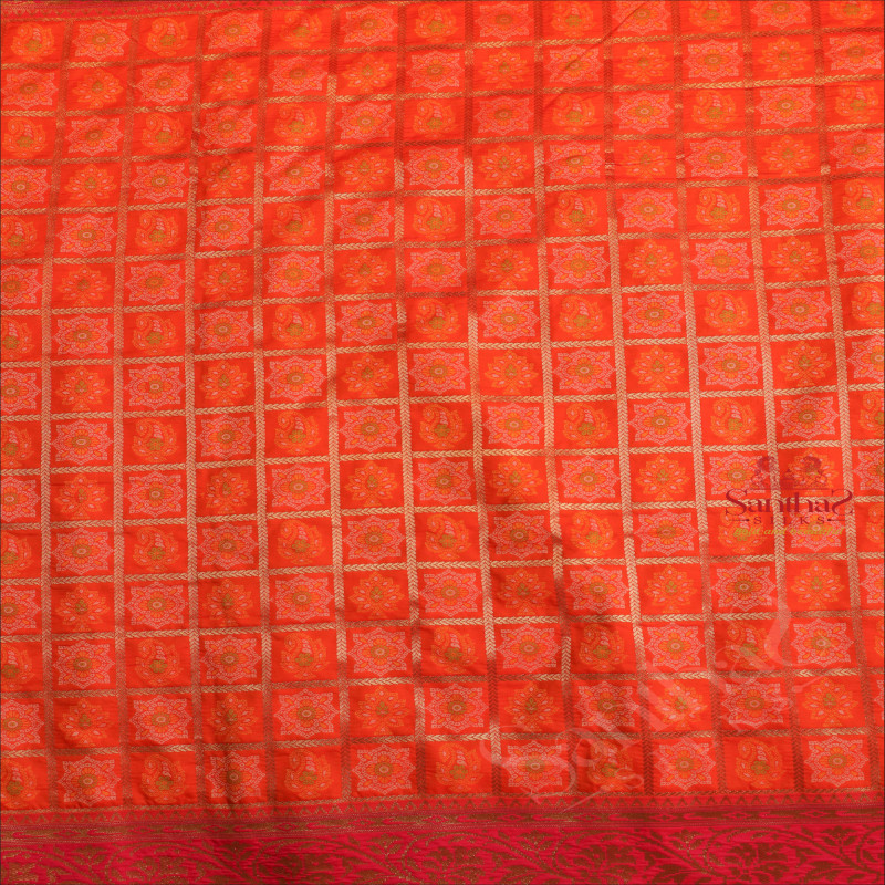  BANARAS CHECKED SAREE WITH ZARI MOTIF IN ORANGE COLOUR WITH CONTRAST BORDER & BLOUSE