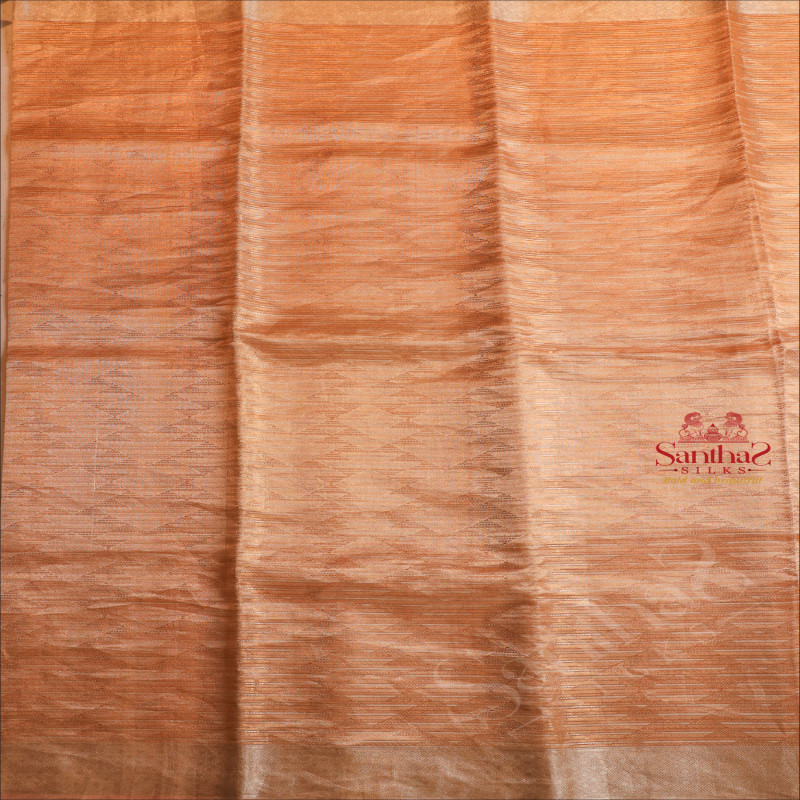  ORGANZA TISSUE SAREE WITH SILVER ZARI BUTTA IN GOLDEN ROSE COLOUR WITH CONTRAST AARI WORK BLOUSE