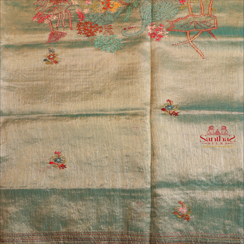  TISSUE SAREE WITH HAND EMBORIDERY WORK IN TEAL GREEN & GOLDEN COLOUR MIXED