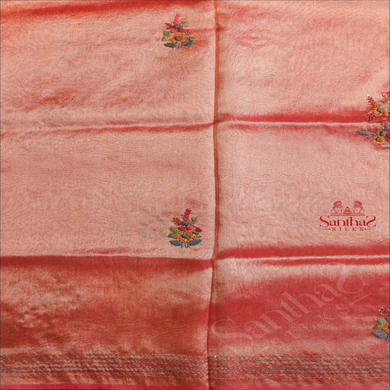 TISSUE SAREE WITH HAND EMBORIDERY WORK IN ROSE & GOLDEN COLOUR MIXED 