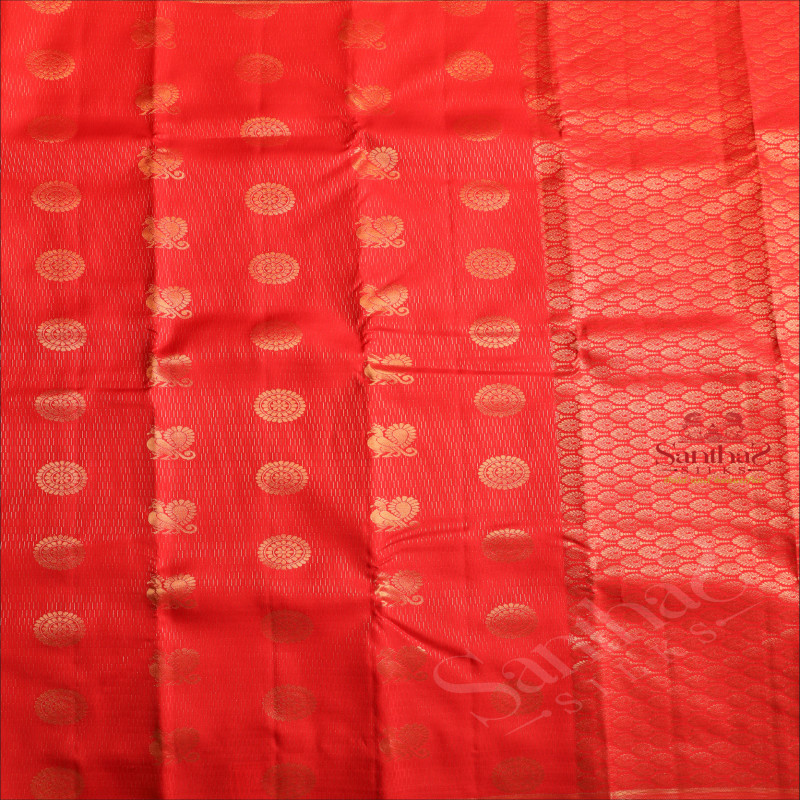 BRIGHT RED COLOUR BODY WITH CHAKRA MOTIFS & LINES BUTTAS AND SELF COLOUR PALLU & BLOUSE