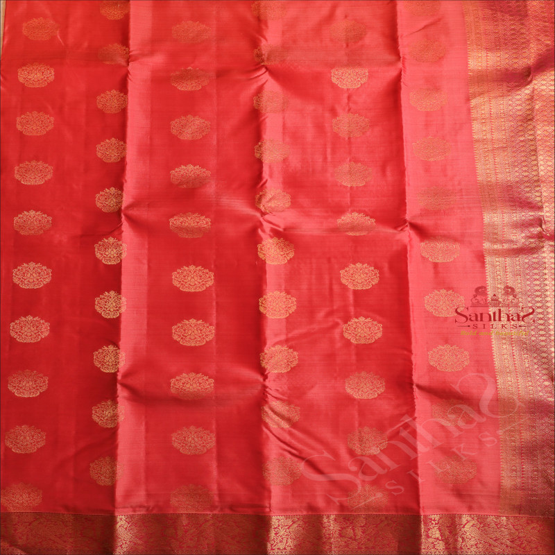 PEACH COLOUR BODY WITH GOLDEN ZARI BIG BUTTA WITH CONTRAST BLOUSE & BORDER