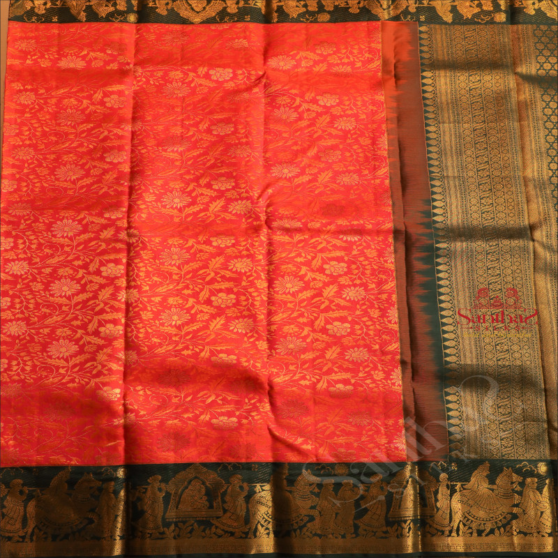 ORANGE COLOUR BODY WITH GOLDEN ZARI HEAVY DESIGN AND CONTRAST PALLU & BLOUSE