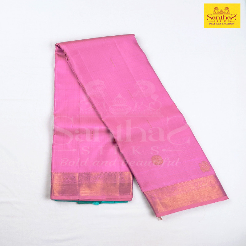 Rose Milk Pink Pure Silk with Contrast Teal Blue Pallu