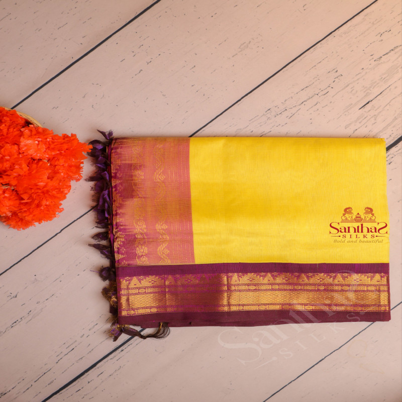 LEMON YELLOW COLOUR PLAIN BODY WITH CONTRAST BLOUSE & BORDER