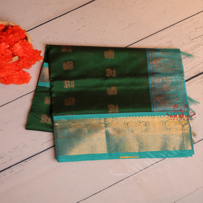 BOTTLE GREEN COLOUR BODY WITH GOLDEN ZARI ANNAM BUTTA WITH CONTRAST BLOUSE & BORDER