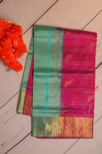 red-violet-colour-checked-body-with-golden-zari-parrot-butta-with-contrast-blouse-border