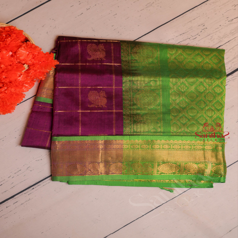 DARK VIOLET COLOUR CHECKED BODY WITH GOLEN ZARI ANNAM BUTTA WITH CONTRAST BLOUSE & BORDER