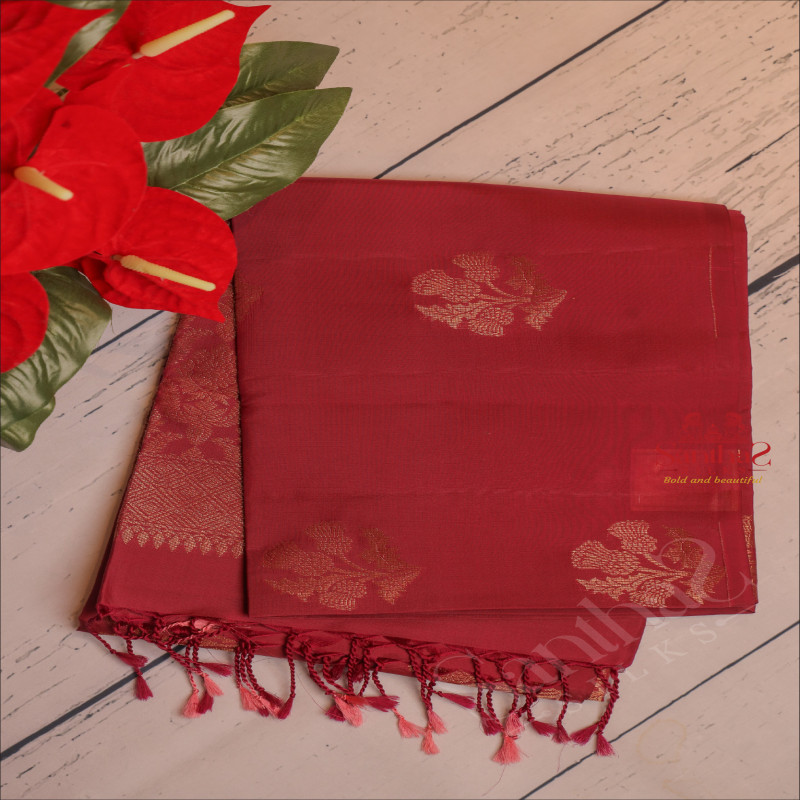 MAROON COLOUR BODY WITH GOLDEN ZARI FLORAL BUTTA WITH SELF BLOUSE