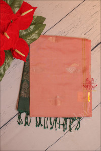 peach-colour-body-with-golden-zari-peacock-butta-with-contrast-blouse-border