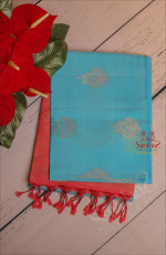 PACIFIC BLUE COLOUR BODY WITH GOLDEN ZARI BUTTA WITH CONTRAST BLOUSE & BORDER