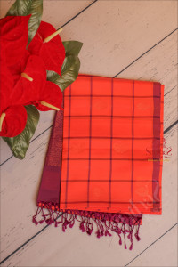 orange-colour-checked-body-with-golden-zari-butta-with-contrast-blouse-border