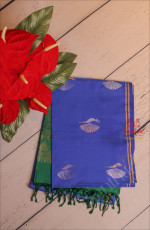 PEPSI BLUE COLOUR BODY WITH GOLDEN ZARI PEACOCK BUTTA WITH CONTRAST BLOUSE & BORDER