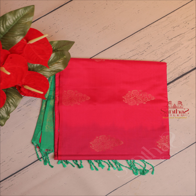 DARK PINK COLOUR BODY WITH GOLDEN ZARI BUTTA WITH CONTRAST BLOUSE & BORDER