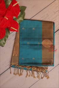 blue-colour-body-with-golden-zari-butta-with-contrast-blouse-border