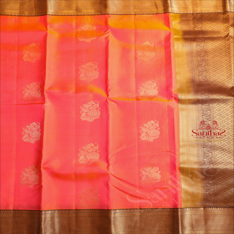 PEACH COLOUR BODY WITH GOLDEN ZARI FLOWER MOTIFS AND CONTRAST PALLU & BLOUSE