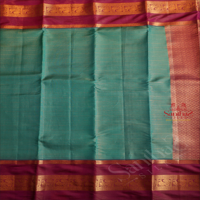 JADE GREEN COLOUR BODY WITH GOLDEN ZARI VAIRA OOSI PATTERN STRIPS AND CONTRAST PALLU & BLOUSE