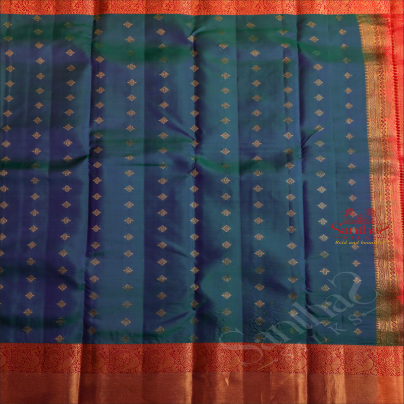 PEACOCK BLUE COLOUR BODY WITH GOLDEN ZARI BUTTAS AND CONTRAST PALLU & BLOUSE