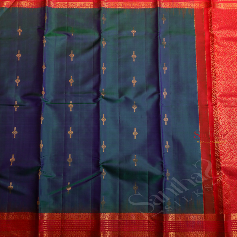 PEACOCK BLUE COLOUR BODY WITH GOLDEN ZARI BUTTAS AND CONTRAST PALLU & BLOUSE